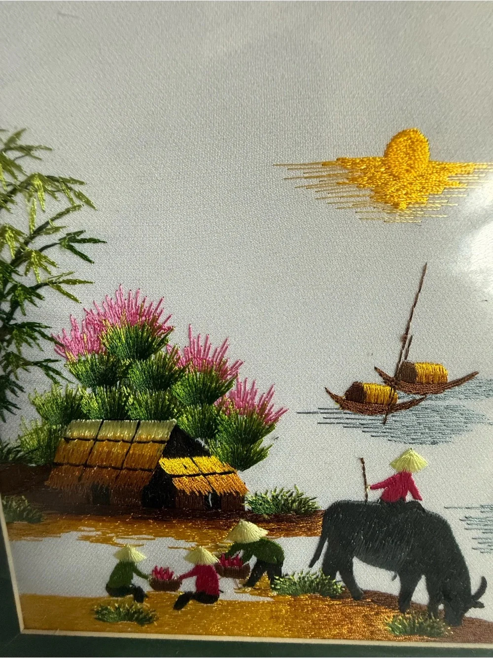Vietnamese Hand-Embroidered Silk Landscape Village life Scene Wall Art 12x 10